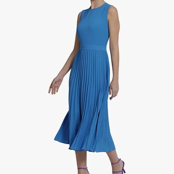 Donna Morgan Dresses | Donna Morgan Pleated Sleeveless Crew Neck Stretch Crepe Midi Dress | Color: Blue | Size: M | Annes_Threads's Closet